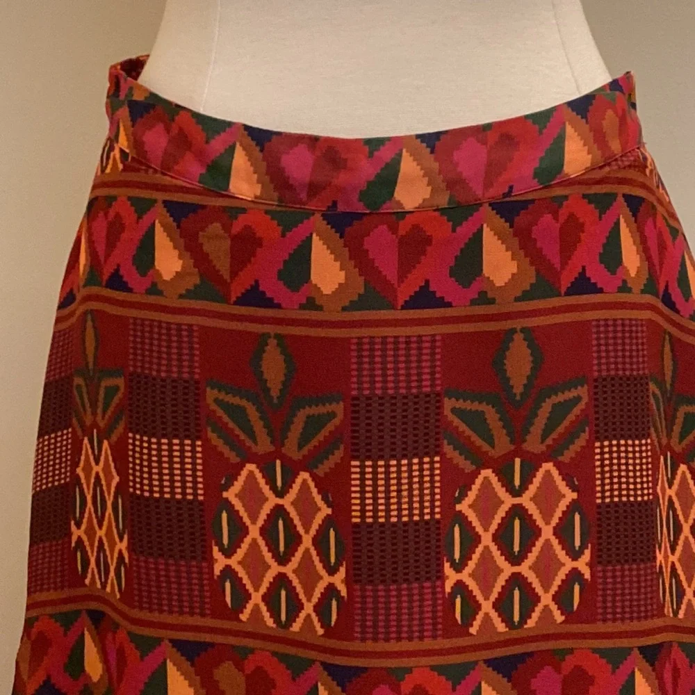 FARM RIO Orange Yellow Pineapple Tribal Print L Boho Brazilian Style Mini Skirt